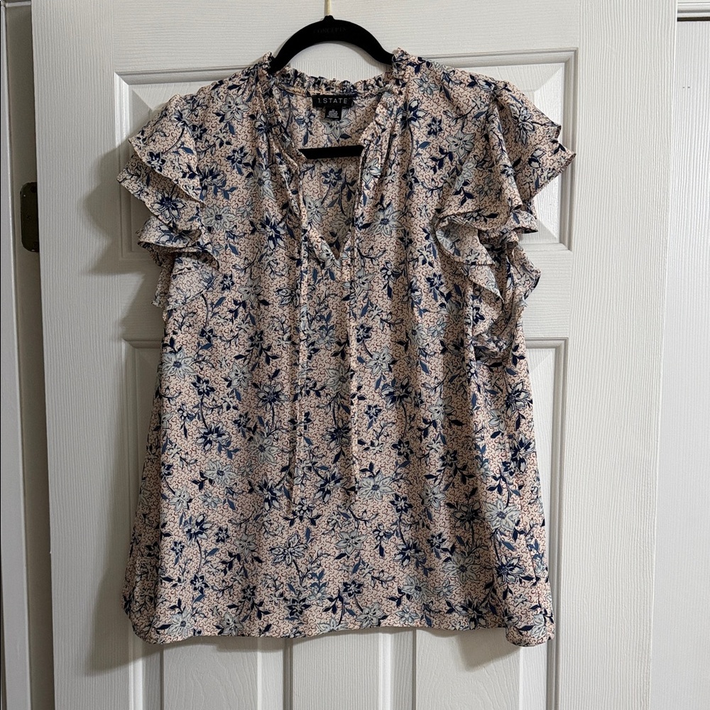 1. State Colorful Floral Ruffle Sleeve Short Sleeve V Neck Blouse Size XL